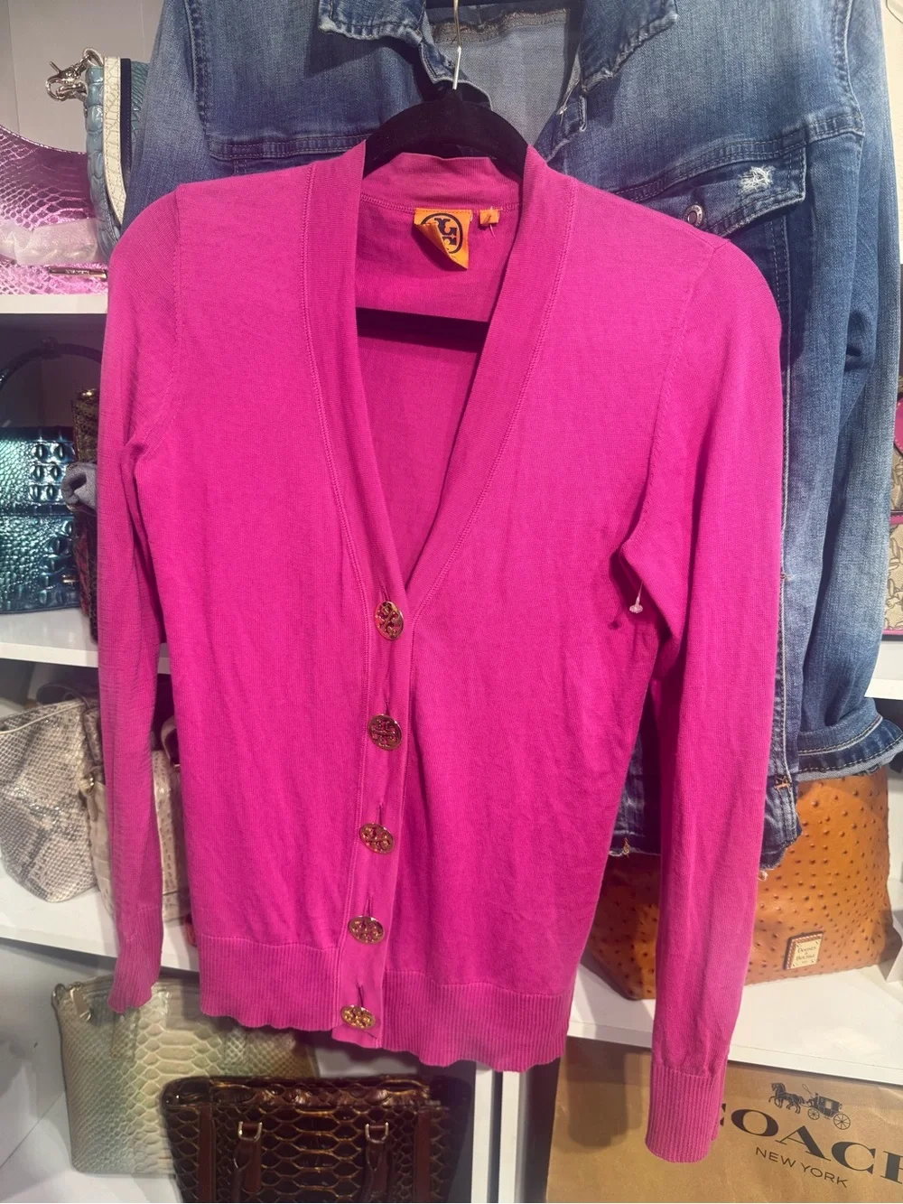 0222 Tory Burch Hot Pink Button-Front Cardigan